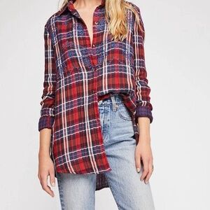 Free People Magical Plaid Red/Blue Embroidered Plaid Shirt Sz M